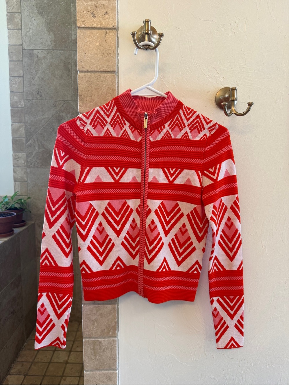 Karen Millen Coral and White Geometric Knit Zip Cardigan sweater